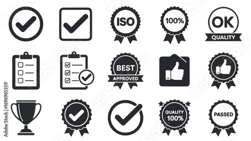 Quality assurance approval certification badges and icons check mark tick