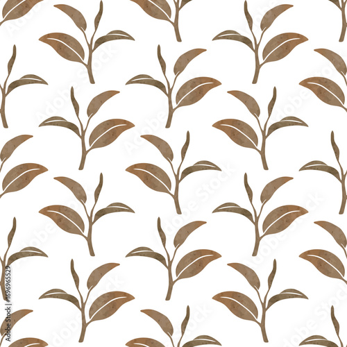 Black tea leaves seamless pattern. Vector watercolor leaf print