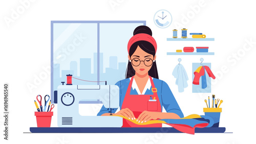 Crafting Confidence: A talented craftswoman is meticulously focused on her sewing machine, surrounded by her tools and materials in a creative space, showcasing artistry and dedication.