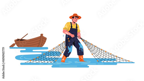 Fisherman at work: A determined fisherman in a rustic setting, casting his net and preparing to make his catch with a wooden boat by his side
