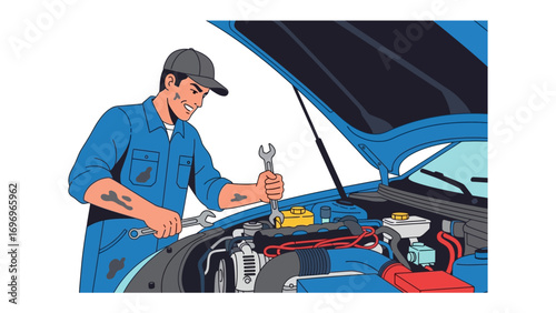 Automotive Mechanic at Work: A skilled automotive mechanic meticulously examines and repairs an open car hood, embodying the essence of expertise in the field.
