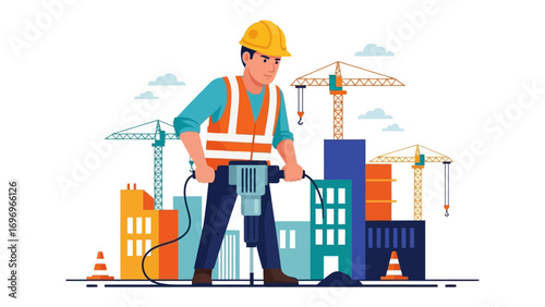 Construction Site Architect: a professional worker with helmet, construction jacket in the middle of building city with a drilling machine.