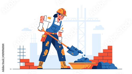 Construction Worker at Work: A female construction worker diligently works with a shovel, shaping bricks and mortar, embodying the spirit of hard work and dedication in the building industry. 