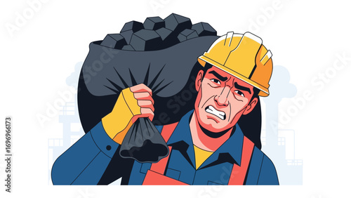 Man with Coal Burden: A determined worker shoulders a heavy bag of coal, embodying the strength and resilience required in manual labor, his facial expression reflecting the strenuous task at hand.