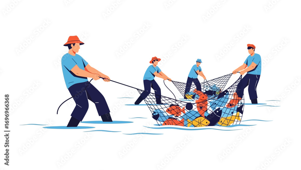 Εκτύπωση καμβά Fishermen Hauling Net: A determined team of fishermen collaboratively hauls in a net brimming with a bountiful catch of fish, highlighting the age-old practice of fishing and the abundance of the sea