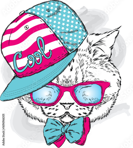 Cat in a cap and glasses. Hipster. Vector illustration for a greeting card, poster, or print on clothes.