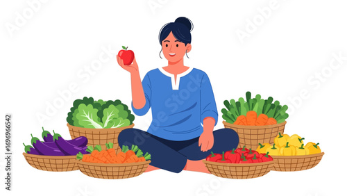 Healthy Woman and Vegetables: A vibrant illustration of a woman surrounded by baskets of fresh, colorful vegetables, holding a red apple, representing a holistic approach to well-being. 