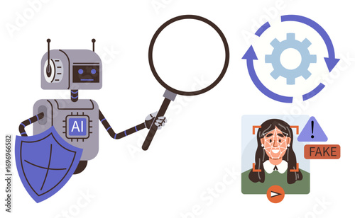 Robot holding magnifier, shield symbolizing protection, inspecting facial recognition with fake media warning icon, gear for data processing. Ideal for AI, cybersecurity, face detection, deepfakes