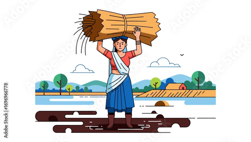 Rural Labourer Carrying Harvest: In a vibrant illustration, a hardworking individual carries a bundle of harvested crop.