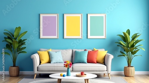 Bright and inviting living room with a comfortable sofa adorned with colorful pillows and three framed abstract art pieces on a vibrant blue wall