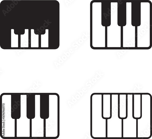 Isolated black piano icons, keyboard music vector icons, instrument key design, minimal outline piano icons, editable black silhouette music elements