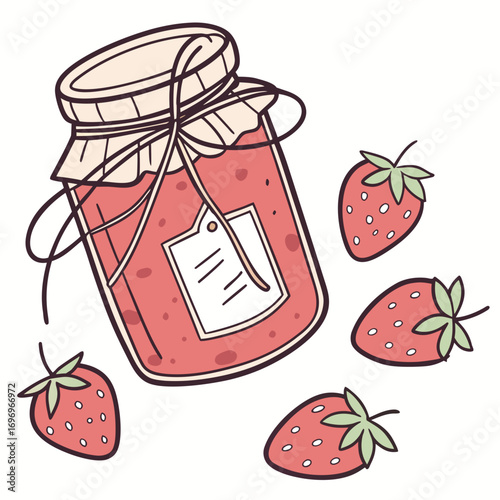 Vibrant strawberry jam jar tied with twine surrounded by fresh ripe berries, perfect for summer recipes and artisanal branding