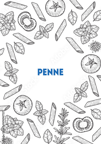 Traditional Italian pasta sketch. Penne frame. Italian food. Staple food. Hand drawn vector illustration. Background for packaging, menu. Top view. Not AI