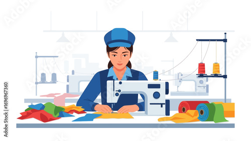Seamstress at Work: A focused seamstress skillfully operates a sewing machine in a well-lit workshop, surrounded by colorful fabrics and thread spools, showcasing precision and craftsmanship. 