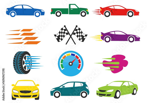 Vector set of car racing design elements and transportation icons