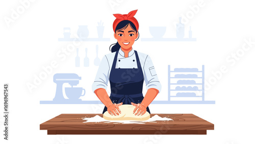 Baking at Heart: An illustrated woman chef, with focused gaze kneading dough with love and care.