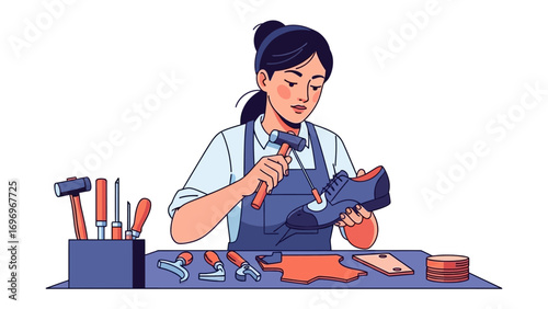 Artisan at Work: A skilled artisan, deeply engrossed in her craft, meticulously repairs footwear at a well-organized workbench. The illustration captures her concentration.