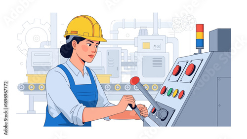 Factory Operator at Work: A dedicated factory operator, clad in a safety helmet, focuses intently on the machinery controls, orchestrating the precision of the manufacturing process. 