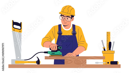 Craftsman's Precision: A skilled craftsman diligently utilizes a power sander to refine a wooden plank in a well-equipped workshop, showcasing dedication to craft and skill.