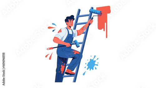 Painting Perfection: A skilled painter on a ladder carefully applies fresh paint, revitalizing the wall with vibrant colors and meticulous detail.