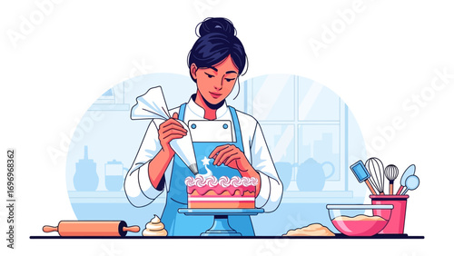 Sweet Artistry: A skilled pastry chef, immersed in the art of cake decorating, carefully pipes delicate swirls of frosting onto a multi-layered cake.