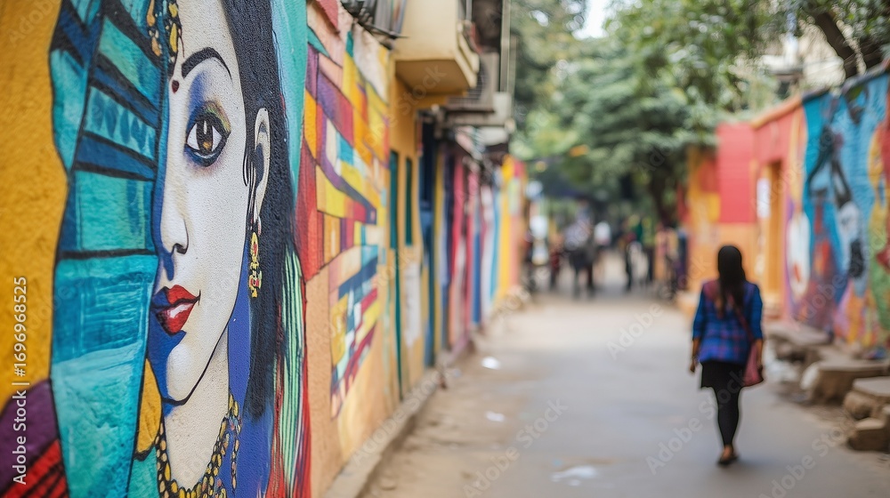Fototapeta premium Woman walking down a street with colorful painted walls. A video of realistic street art in hyderabad. Road buildings and plazas of the maktha people’s necklace. A woman strolls along lifestyle a.