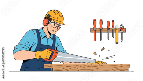 Carpenter at Work: A skilled carpenter, expertly uses a handsaw to cut wood, embodying the dedication and craftsmanship of his profession, complete with essential tools and safety gear.