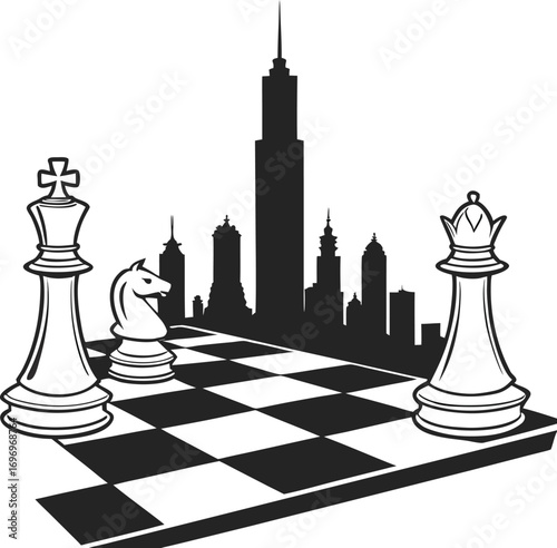 A king and queen chess pieces on a wooden chessboard symbolize a strategic battle for success and power in business