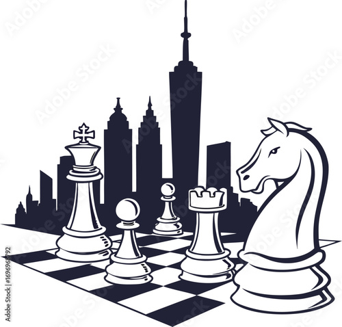 A chess board with king, queen, and pawns ready for a strategic competition