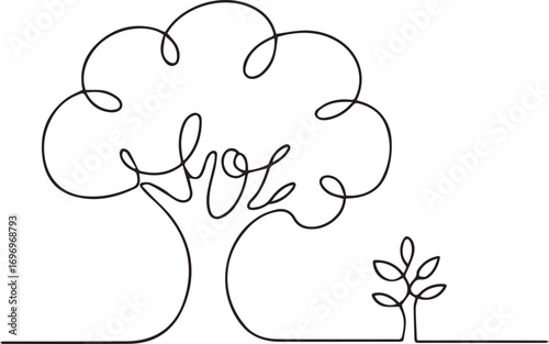 Continuous line art tree and sapling symbolizing growth and nature's harmony