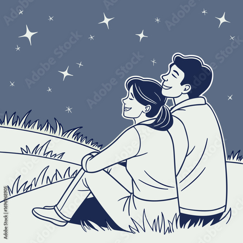 Couple sitting on the lawn looking at stars.
