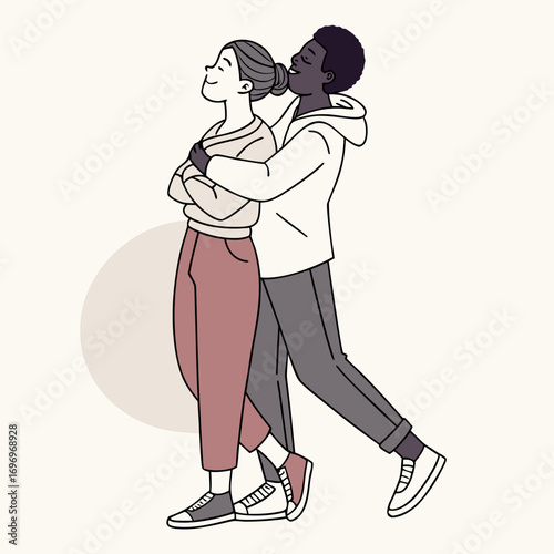 Multicultural couple hugging while standing, modern flat style.