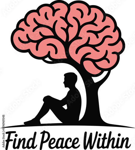 Man meditating under brain tree find peace within symbolizing wisdom and serenity
