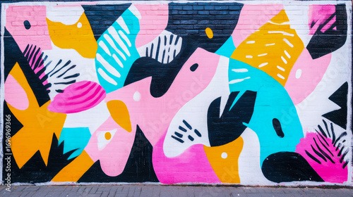 Playful and vivid abstract mural transforming urban brick wall with artistic explosion of fuchsia, teal, mustard yellow, black, and white shapes and graphic stripes.
