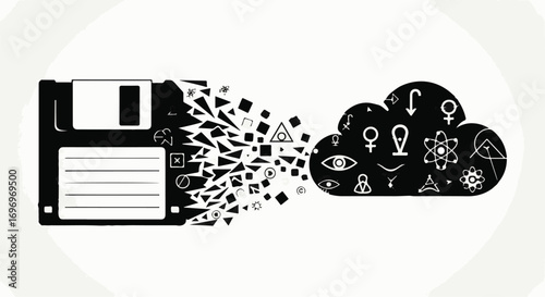 Old floppy disk disintegrates into digital symbols flowing into a cloud