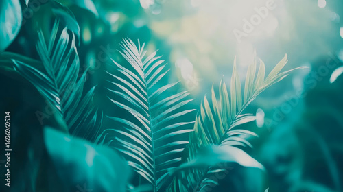 Vibrant tropical teal and green palm leaves softly illuminated by ethereal sunlight, evoking serene and lush jungle paradise