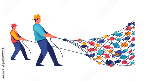 Fishermen Pulling in a Net Full of Fish: Two determined fishermen work together, hauling a large net brimming with colorful fish, a vivid display of the bounty of the sea and the strength of teamwork.