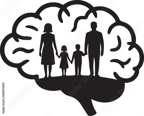 Family silhouette inside brain outline represents mental health and family dynamics
