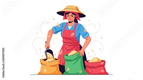 Harvesting Harvest: A dedicated farmer harvests grains from sack, symbolizing hard work and the bounty of the earth. This illustration captures a moment of industry and self-sufficiency.