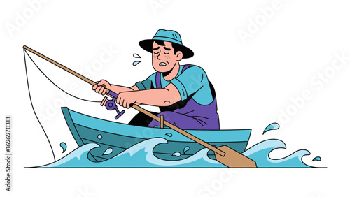 Fishing on the Water: A fisherman in a boat, battling the waves with focused determination as he engages in fishing on a sunlit ocean, showing his strength and passion for the sport.