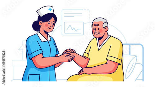 Caring Nurse with Patient: A kind nurse in a light-hearted illustration offers comfort and support to a senior patient, fostering trust and compassionate medical assistance.