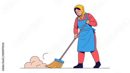 Sweeping Clean: A focused depiction of a woman meticulously sweeping, her actions highlighting the core elements of cleanliness and household chores. 
