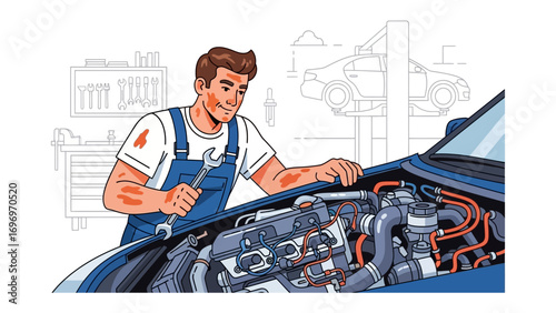 Mechanic's Precision: A skilled mechanic intently works on an engine, wrench in hand, amidst the backdrop of a detailed garage and a vehicle.