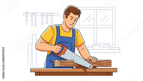 Hand Saw Craftsman at Work: An illustration that captures a diligent carpenter using a hand saw to precisely cut through a piece of wood, epitomizing craftsmanship and woodworking skill.
