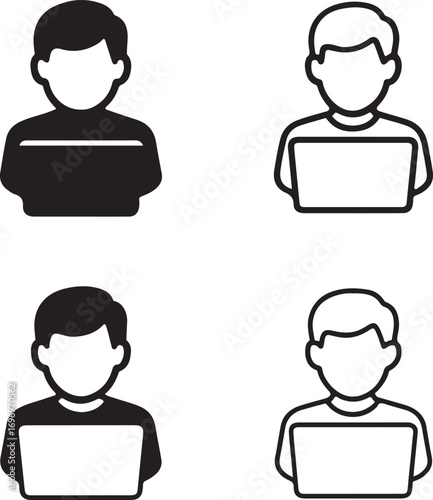 Isolated black boy laptop icons, student computer vector icons, education learning design, minimal outline study icons, editable black silhouette elements