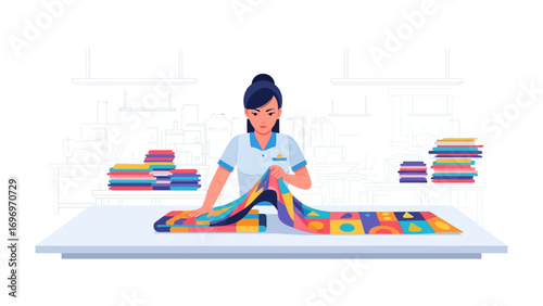 Folded Fabric: A dedicated individual meticulously folds and arranges a vibrant piece of fabric, bringing precision to this act. Showing a passion for organization and care for detailed work.