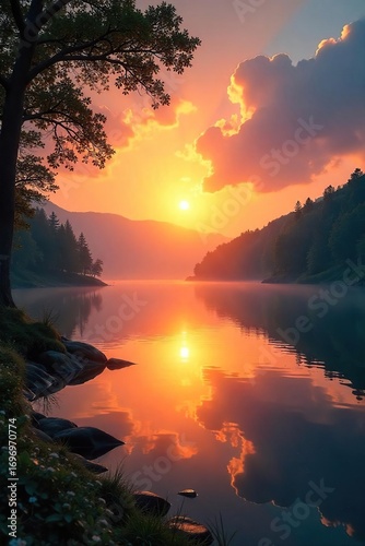 Serene sunrise over a tranquil lake, reflecting the peaceful, spiritual energy of nature Perfect for meditation, contemplation, and religious themes , heavenly, calm