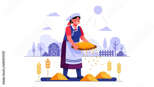 Harvesting Bounty: A farmer is working diligently, with a basket brimming with freshly harvested grain, surrounded by a picturesque landscape on a bright day.