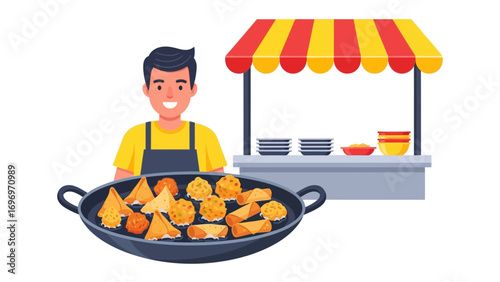 Street Food Vendor and Delicious Fried Treats: A cheerful food vendor proudly presents a sizzling pan of golden-fried savory snacks. His stall beckons with colorful charm.