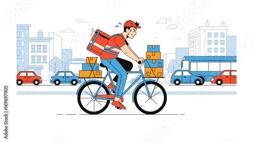 Busy Courier: A determined courier navigates the city streets on a bicycle, delivering packages. The illustrated scene captures the essence of urban transport and timely service.